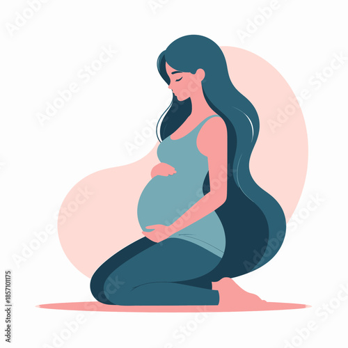 A pregnant woman with long dark hair sits on the floor, cradling her baby bump with her hands.