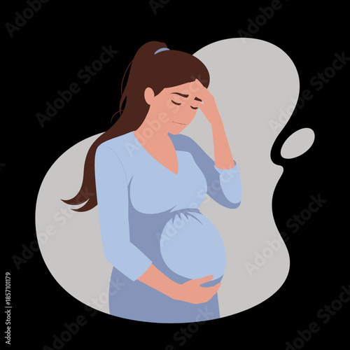 A pregnant woman holding her head in distress while cradling her baby bump.