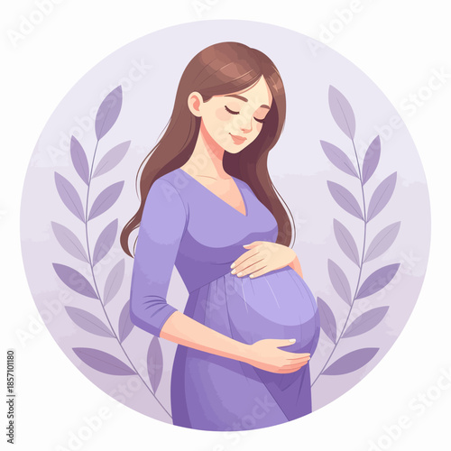 A beautiful illustration of a pregnant woman cradling her baby bump with a serene expression, surrounded by delicate purple foliage.