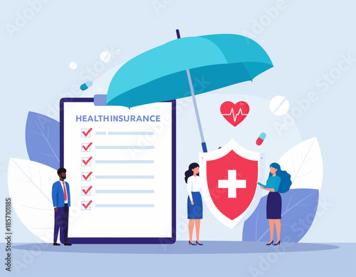 Illustration of people reviewing health insurance policy under a protective umbrella, symbolizing coverage and security.