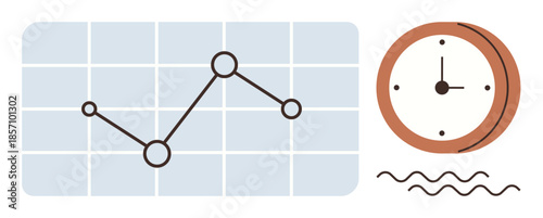 Line graph on a rectangular grid chart and round clock with abstract wave lines representing analysis, growth, and efficiency. Ideal for productivity, time management, research, performance