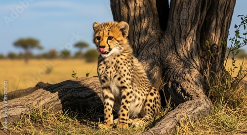 A young cheetah resting in the shade of a tree on the African savanna.