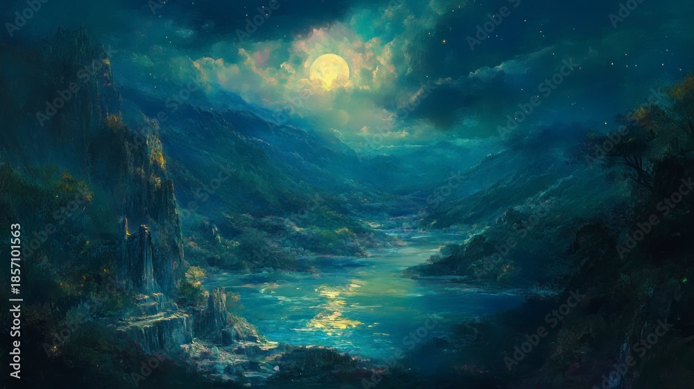 Fototapeta premium Misty mountain valley at night, lit by moon