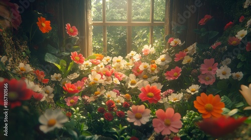 Sunlight streams through a window, illuminating a profusion of colorful flowers filling a room