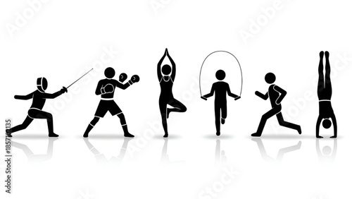 Silhouettes of people exercising in various yoga and martial arts poses in minimalist black and white style for fitness branding