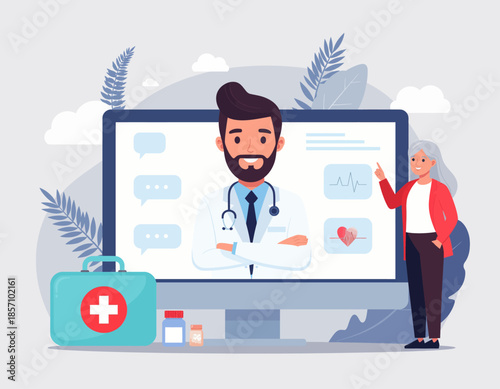 Doctor consulting with a patient online via a video call on a computer screen, with medical equipment nearby.