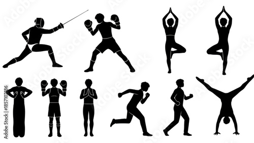 Silhouettes of people in various yoga and martial arts poses in dynamic movement with dramatic lighting on white background for fitness and wellness