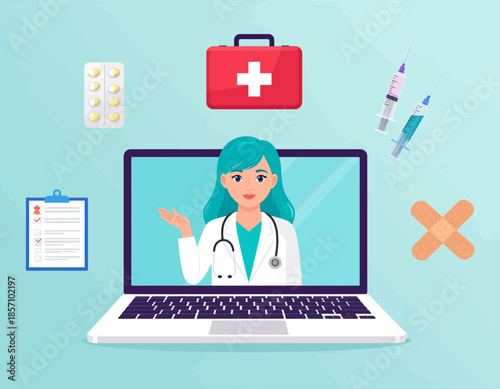 Online doctor consultation via laptop with medical supplies like first aid kit, pills, syringes, and bandages.