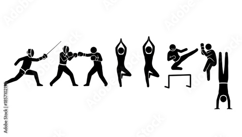 Fencers in various poses with swords in dynamic action silhouettes for sports illustration