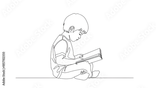 Child reading book in simple line art style with soft white background for educational content