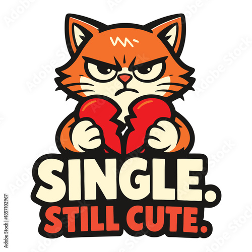 Cute Angry Cat Holding Broken Heart Single Still Cute Cartoon Illustration