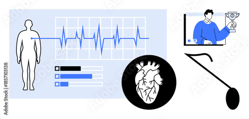 Heartbeat graph over anatomy outline, detailed heart image, magnifying lens, and online presentation scene. Ideal for healthcare, virtual learning, cardiology, anatomy, technology diagnostics