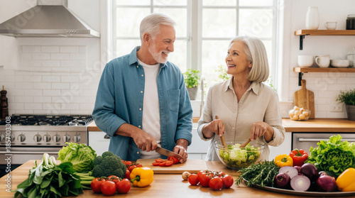 Happy senior couple cooking healthy meal in kitchen