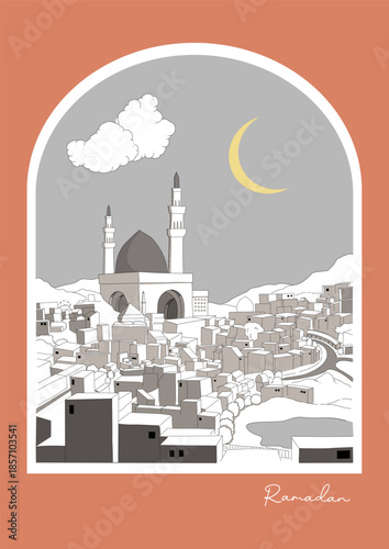 Vector illustration of a big mosque with minarets in an urban landscape or city scape with clouds and a moon crescent in a monotonous colour theme within an arch window frame with sample text.