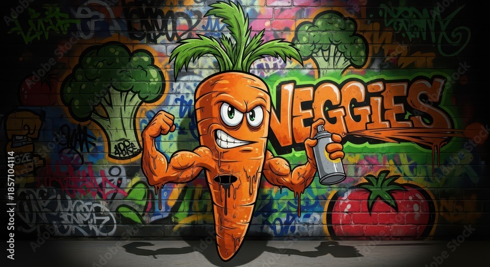 Obraz premium Muscular cartoon carrot character sprays graffiti art featuring other produce on a brick wall
