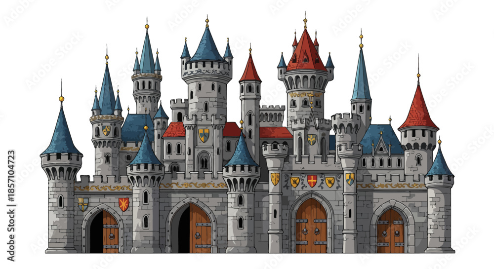 Fototapeta premium Fairytale Castle Illustration Majestic Fantasy Fortress with Towers and Battlements