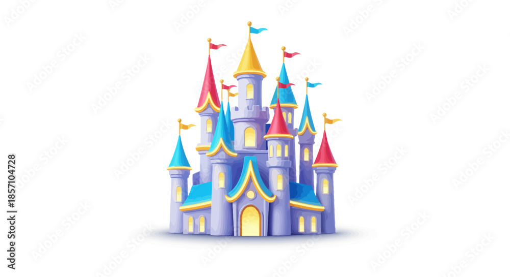 Naklejka premium Vibrant and whimsical fairytale castle illustration, a magical dream kingdom with colorful turrets and flags, evoking wonder and fantasy for children's stories and games