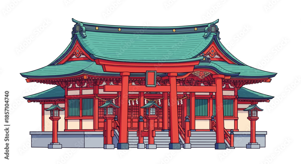 Fototapeta premium Detailed Illustration of a Japanese Shinto Shrine with Iconic Red Torii Gates and Traditional Architecture, symbolizing cultural heritage and spiritual sanctuary
