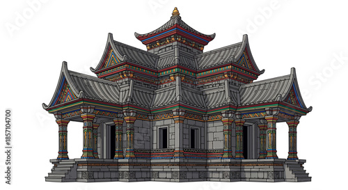 Ornate traditional temple illustration with tiered roofs and decorative accents, showcasing detailed architectural design and cultural heritage in a stunning visual