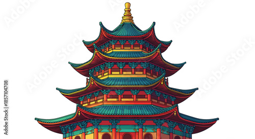 Colorful Traditional Asian Pagoda Architecture with Detailed Rooflines and Multiple Tiers