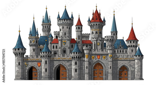 Fairytale Castle Illustration Majestic Fantasy Fortress with Towers and Battlements