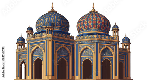 Elegant traditional architecture featuring two grand domed towers adorned with exquisite blue and gold patterns, embodying cultural heritage and intricate historical design