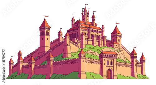 Majestic Medieval Castle Fortress on a Hill with Flags and Towers