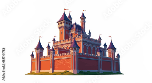 Fairytale castle with red brick walls, turrets, and flags, evoking a sense of wonder and medieval grandeur for fantasy and children's themes