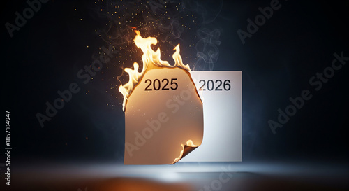 New year 2026 emerging from burning 2025 calendar page with flames and sparks on dark background with smoke