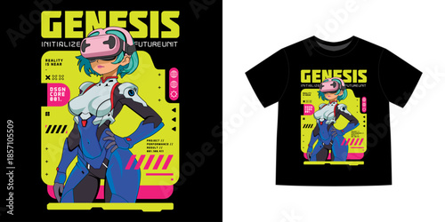 Cyberpunk anime t-shirt, ideal for poster, urban branding and futuristic graphic design, vector illustration