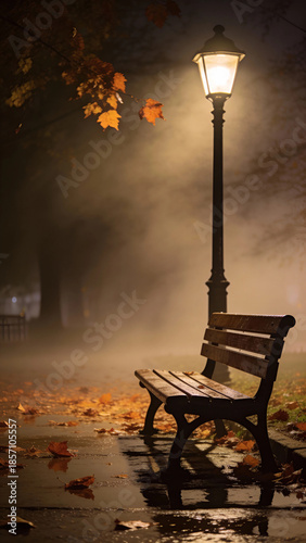 Empty Park Bench Under Street Lamp on a Foggy Night