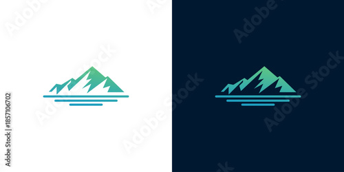 Dynamic abstract mountain range concept logo design showcasing majestic peaks and serene water reflection, ideal for nature-inspired brands, outdoor adventures, and travel businesses