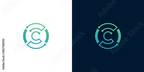 Abstract circular C letter logo design with digital circuit elements, symbolizing advanced technology, data connectivity, and secure network solutions for modern tech companies