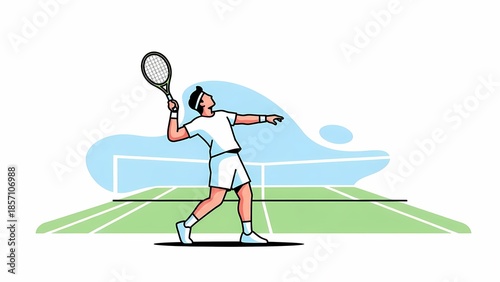 Male Tennis Player Serving on Green Court with Racket Illustration