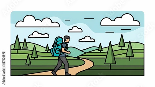 Man Hiking with Backpack on Mountain Path Illustration
