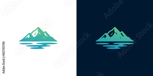 A striking and tranquil graphic logo design featuring majestic mountains reflected in serene waters, symbolizing adventure, nature's beauty, and peaceful outdoor exploration