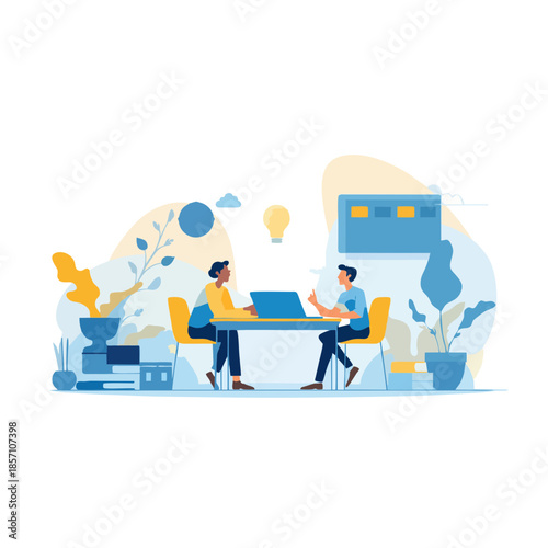 Two colleagues collaborating at a desk surrounded by plants and digital devices in a modern workspace