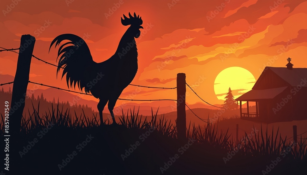 Fototapeta premium Rooster stands tall on a fence post at sunrise with a barn and mountains behind it. Fiery orange sky fills the background. Peaceful country morning scene.