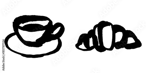 Croissant and a coffee cup minimalist brush-pen line art. Clean, modern hand-drawn café style
