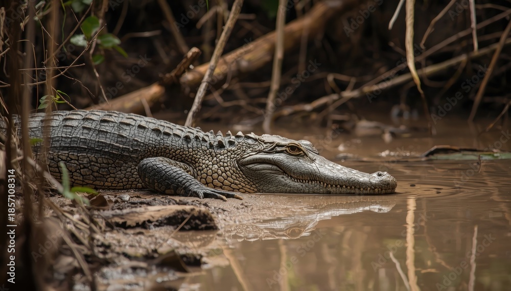 Fototapeta premium Candid photography of a crocodile resting on a muddy bank deep inside the jungle swamp