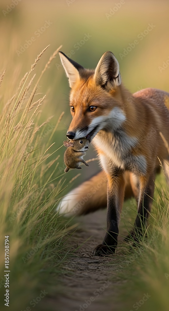 Fototapeta premium Fox in the tall grass, a beautiful wild animal in nature.