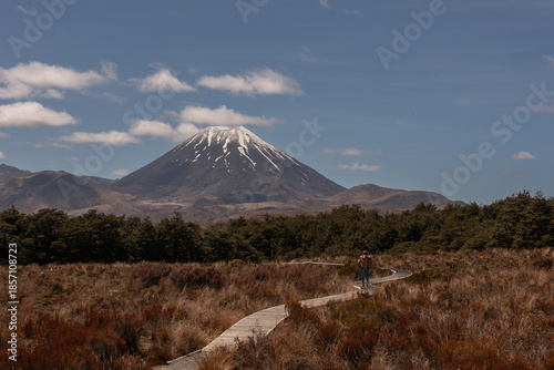 Distant view of the volcanic Mount Ngauruhoe in the Tongariro National Park, New Zealand. Female hiker on the track in the foreground.