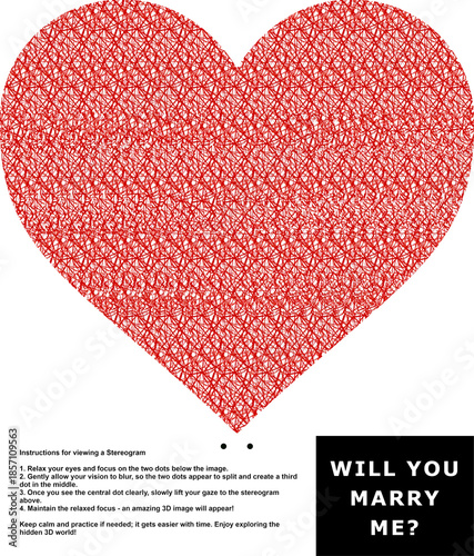 Optical illusion stereogram in the shape of a heart with hidden 3D text 'Will you marry me' with instruction.