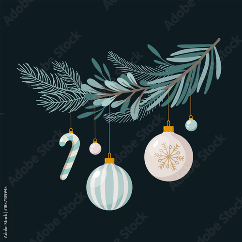Vector flat illustration of a Christmas tree branch with hanging ornaments on a dark background, minimalist festive winter holiday design element for greeting cards, posters, banners, social media