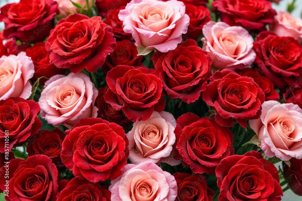 Naklejka premium Background of red and pink roses in a floral arrangement for Valentine's Day. A huge bouquet of roses.
