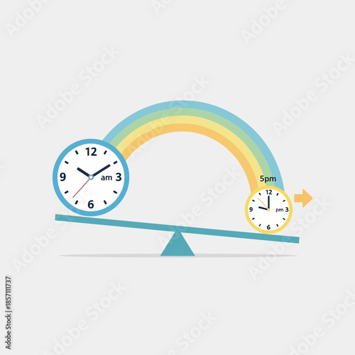 Balance Scale with Clocks and Rainbow Arc - Time Management Concept