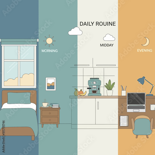 Daily Routine Illustration: Morning, Midday, Evening Activities in a Modern Home