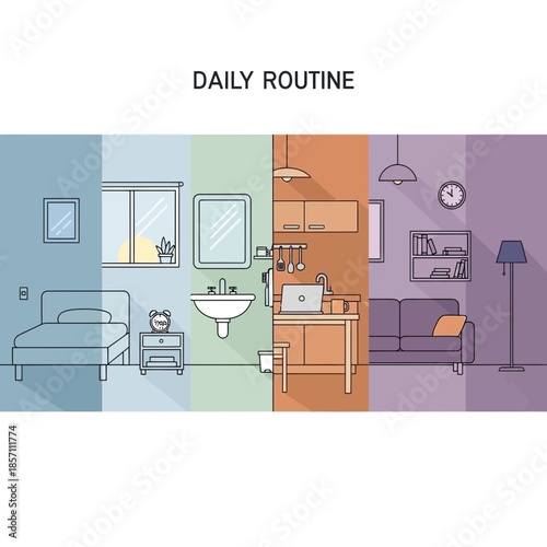 Daily Routine Stages: Bedroom, Bathroom, Kitchen, Living Room - Flat Design