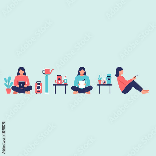 Diverse Women Relaxing with Gadgets and Plants, Working and Socializing