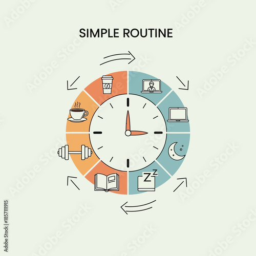 Simple Daily Routine Circle Infographic with Icons: Work, Sleep, Coffee, Exercise, Reading